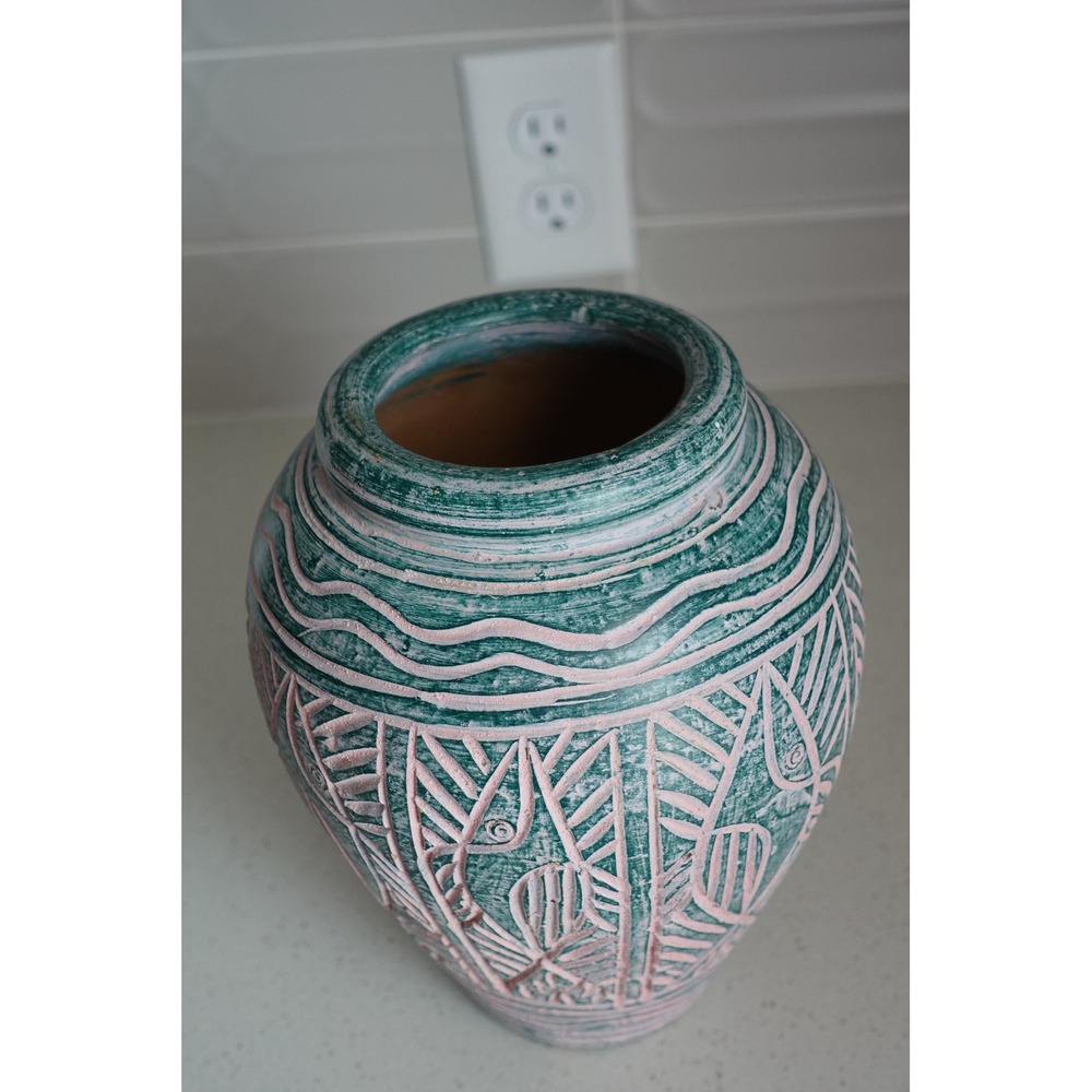 Boho Chic Teal Pink Ceramic Vase Etched Tribal Design Decor Pottery